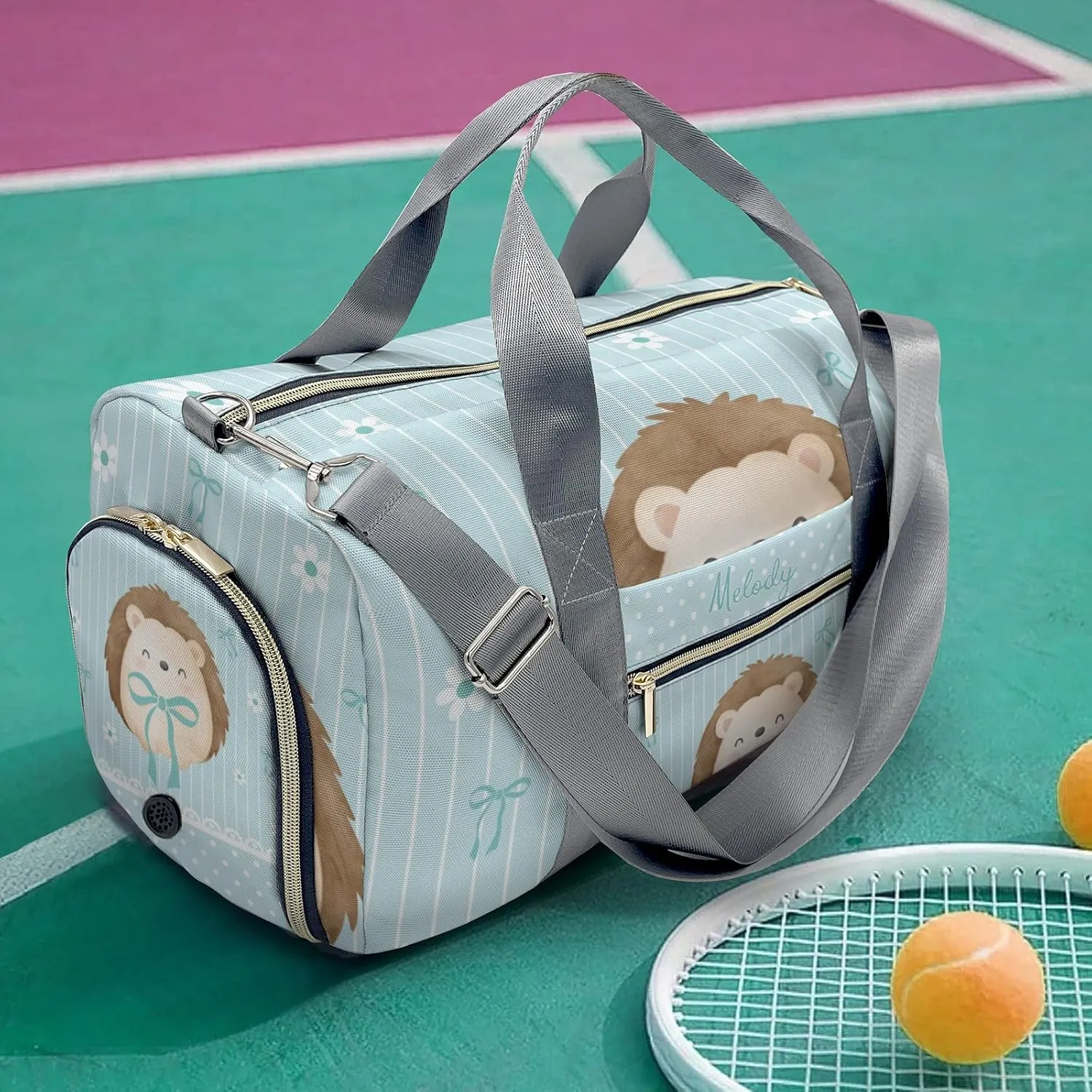 Cute Hedgehog Bow Green Personalized Duffel Bag,Custom Travel Gym Bag with Name,Waterproof Sports Overnight Bag with Shoe Compartment & Shoulder Strap