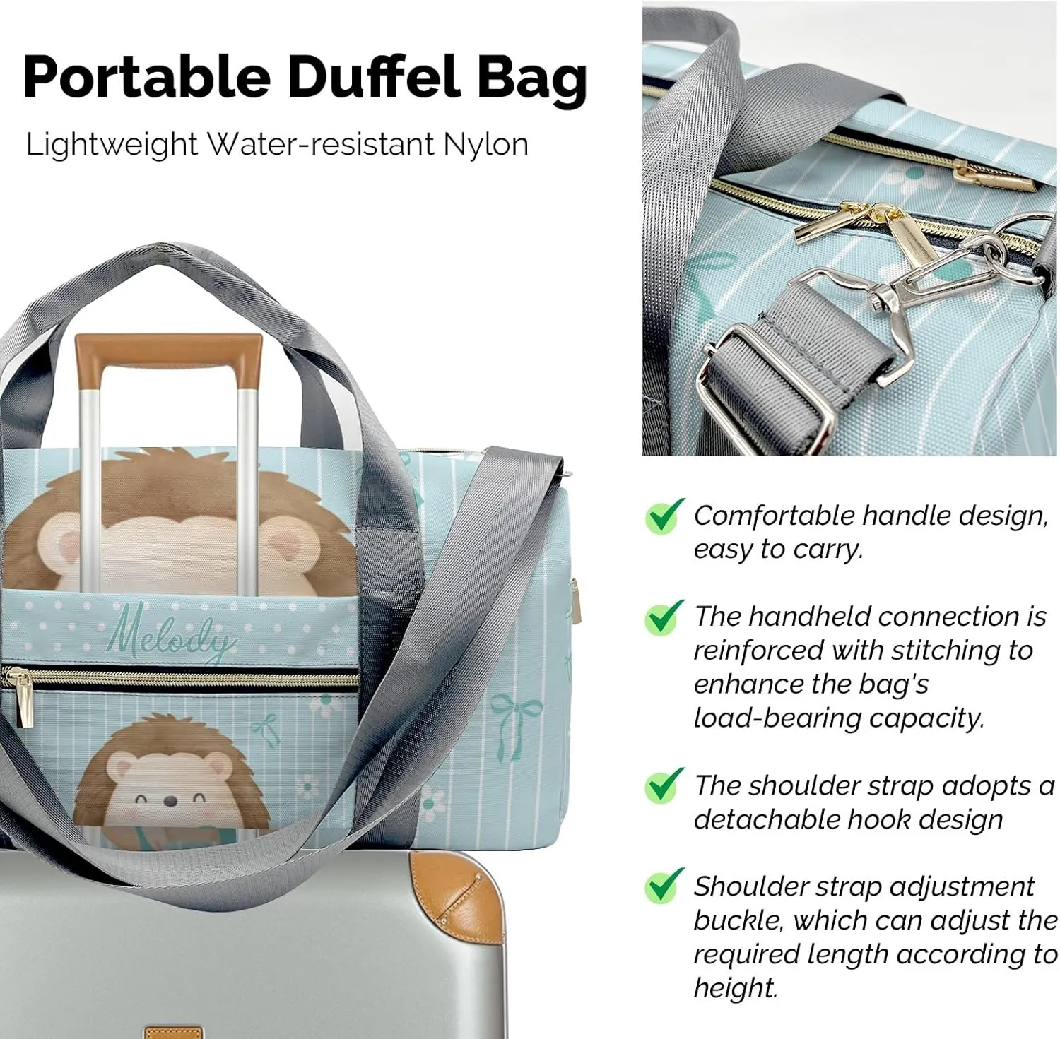 Cute Hedgehog Bow Green Personalized Duffel Bag,Custom Travel Gym Bag with Name,Waterproof Sports Overnight Bag with Shoe Compartment & Shoulder Strap