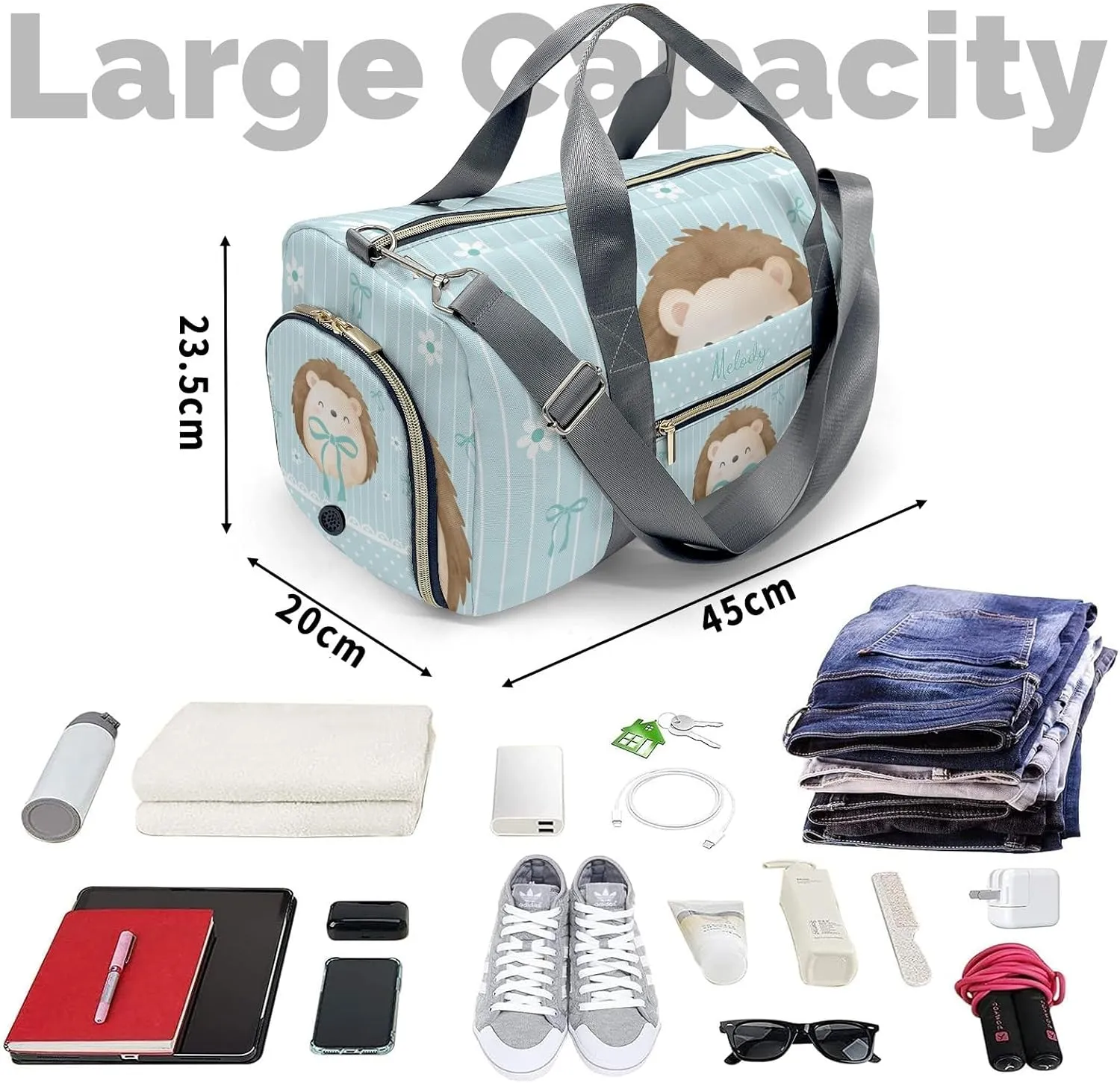 Cute Hedgehog Bow Green Personalized Duffel Bag,Custom Travel Gym Bag with Name,Waterproof Sports Overnight Bag with Shoe Compartment & Shoulder Strap