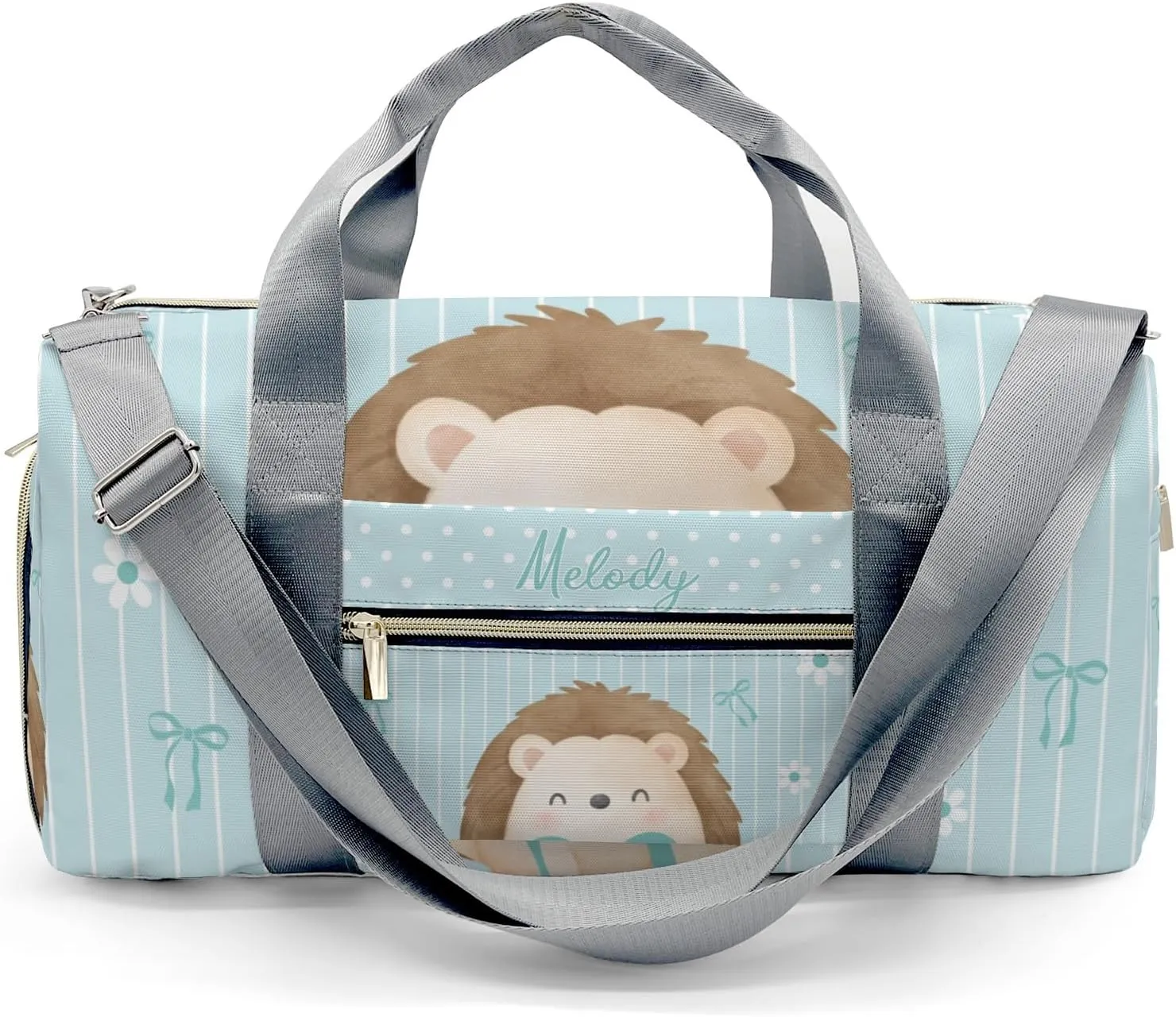 Cute Hedgehog Bow Green Personalized Duffel Bag,Custom Travel Gym Bag with Name,Waterproof Sports Overnight Bag with Shoe Compartment & Shoulder Strap