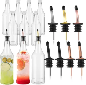 Dandat 20 Pcs 32 oz Plastic Long Neck Bottles with Pourer and Caps Plastic Juice Pour Bottles with Stainless Steel Pourer Tapered Spout for Liquor Juice Store (Multicolor)