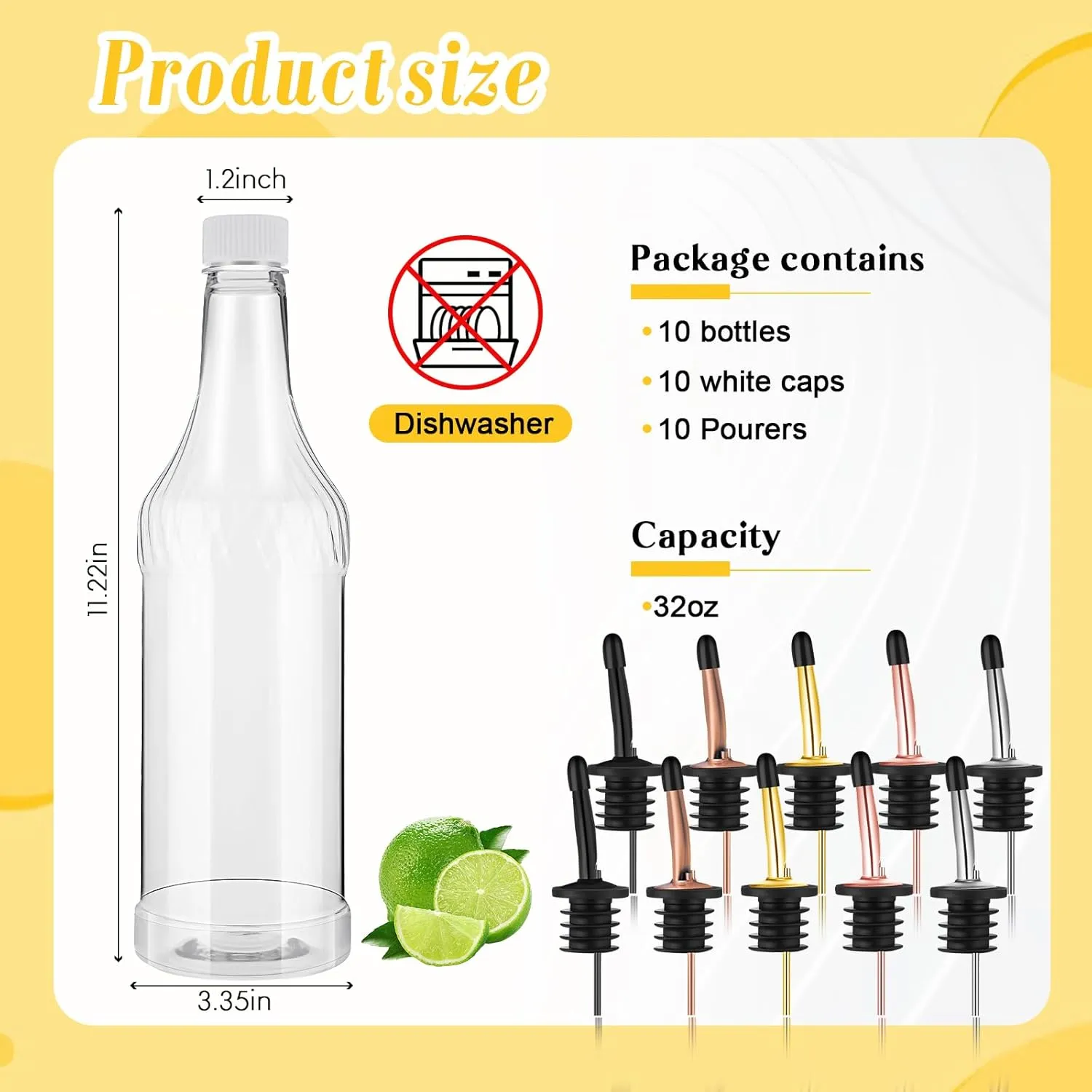 Dandat 20 Pcs 32 oz Plastic Long Neck Bottles with Pourer and Caps Plastic Juice Pour Bottles with Stainless Steel Pourer Tapered Spout for Liquor Juice Store (Multicolor)