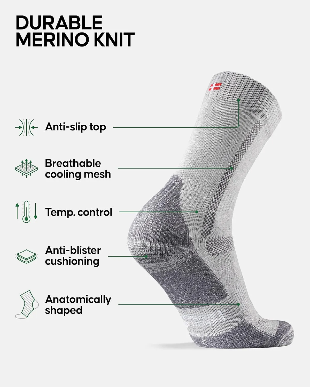 DANISH ENDURANCE Hiking Socks, Merino Wool Socks, Anti Blister, Cushioned, Breathable, Men & Women, 3-Pack