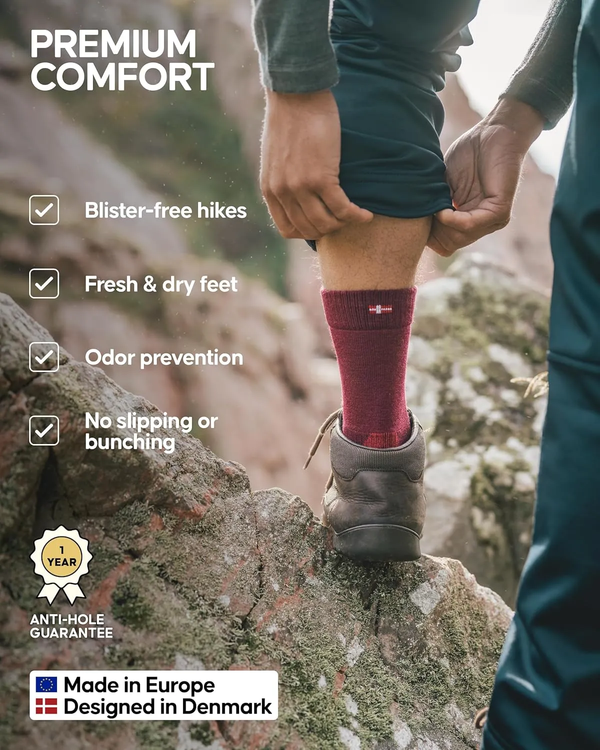 DANISH ENDURANCE Hiking Socks, Merino Wool Socks, Anti Blister, Cushioned, Breathable, Men & Women, 3-Pack