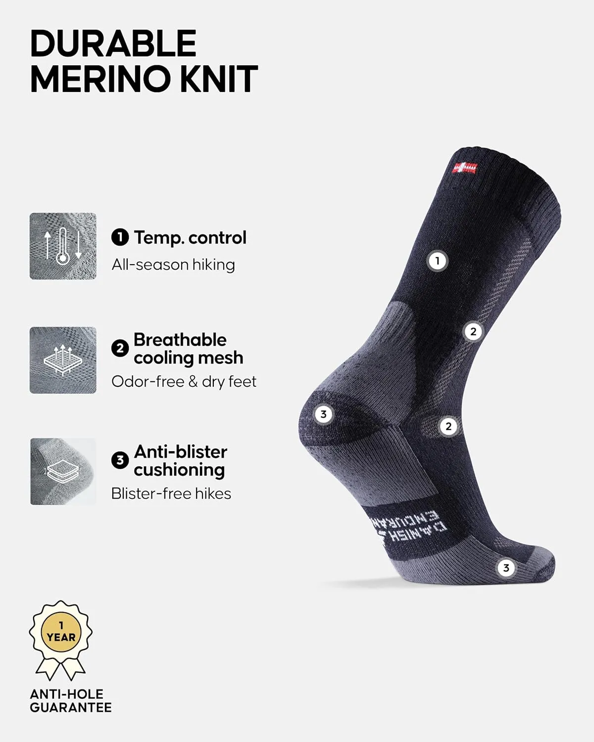 DANISH ENDURANCE Hiking Socks, Merino Wool Socks, Anti Blister, Cushioned, Breathable, Men & Women, 3-Pack
