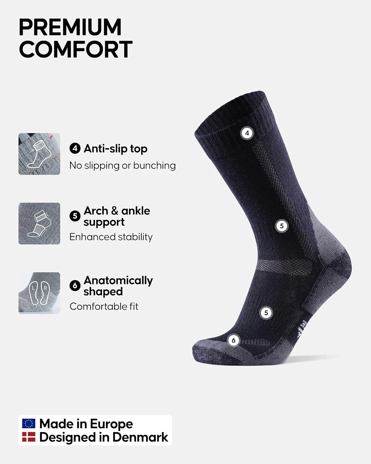 DANISH ENDURANCE Hiking Socks, Merino Wool Socks, Anti Blister, Cushioned, Breathable, Men & Women, 3-Pack