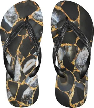Dark Agate Marble Texture Womens Flip Flops Golden Nature Stone Grains Summer Beach Sandals Casual Thong Slippers Comfortable Shower Slippers Non Slip Water Sandals shoes S