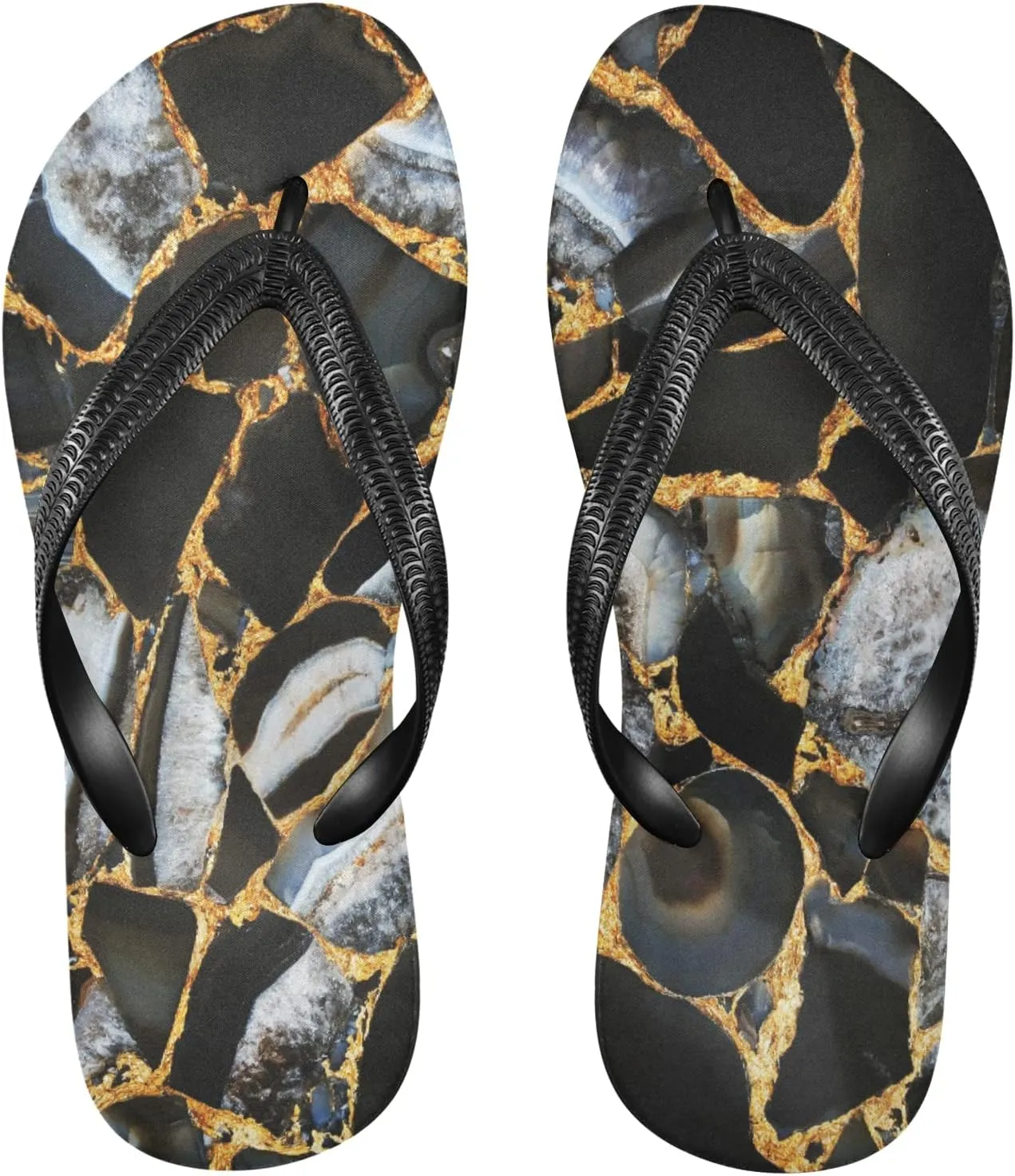 Dark Agate Marble Texture Womens Flip Flops Golden Nature Stone Grains Summer Beach Sandals Casual Thong Slippers Comfortable Shower Slippers Non Slip Water Sandals shoes S