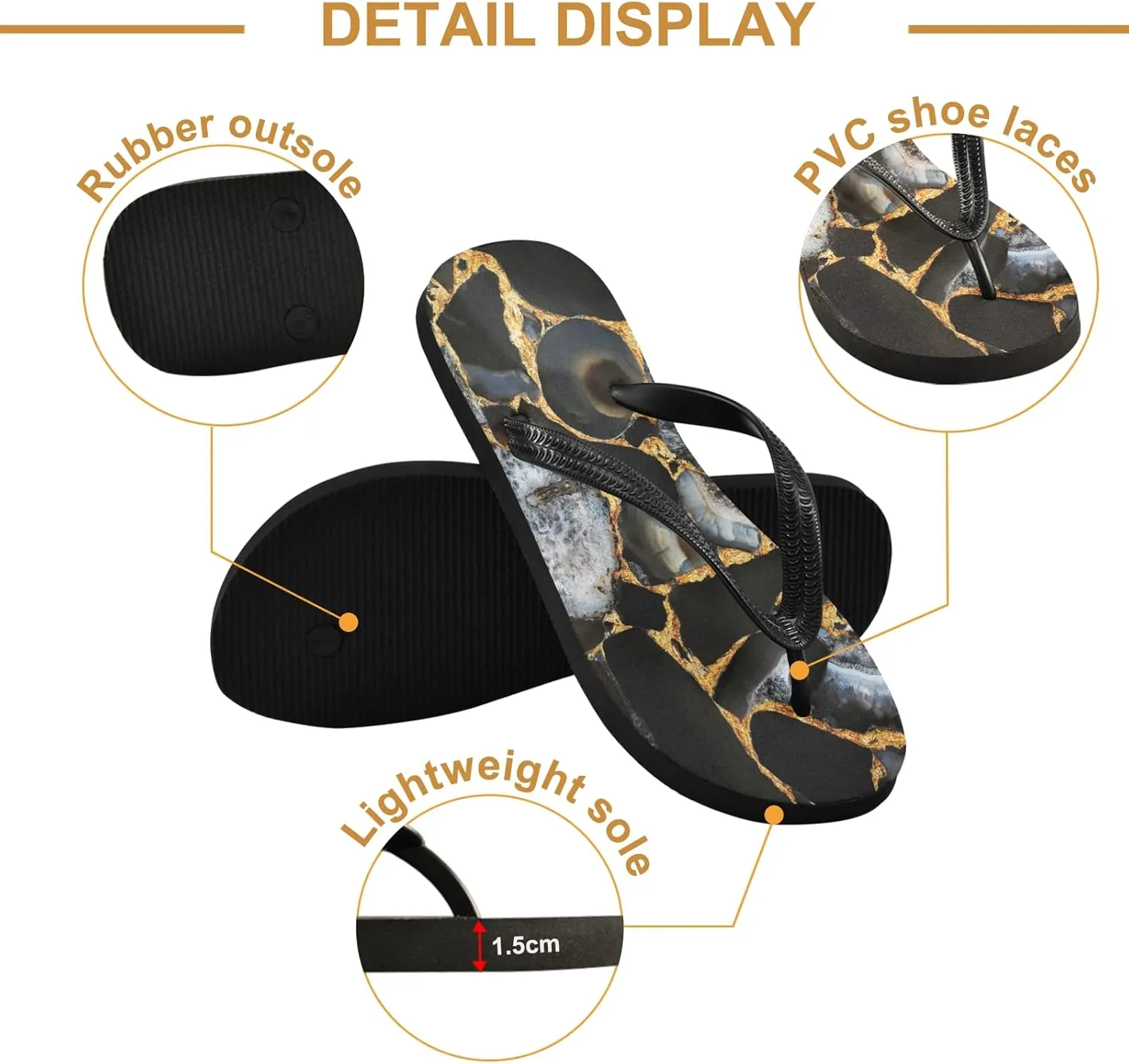 Dark Agate Marble Texture Womens Flip Flops Golden Nature Stone Grains Summer Beach Sandals Casual Thong Slippers Comfortable Shower Slippers Non Slip Water Sandals shoes S