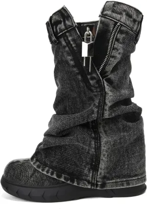 Denim Boots with Zipper Metal Lock for Women,Fashion Vintage Women's Round Toe Blue Jeans Mid Calf Chunky Platform Booties Chunky Long Boots Padlock Boots with Side Zipper Western Cowboy fold Denim Trouser Thigh High Boots