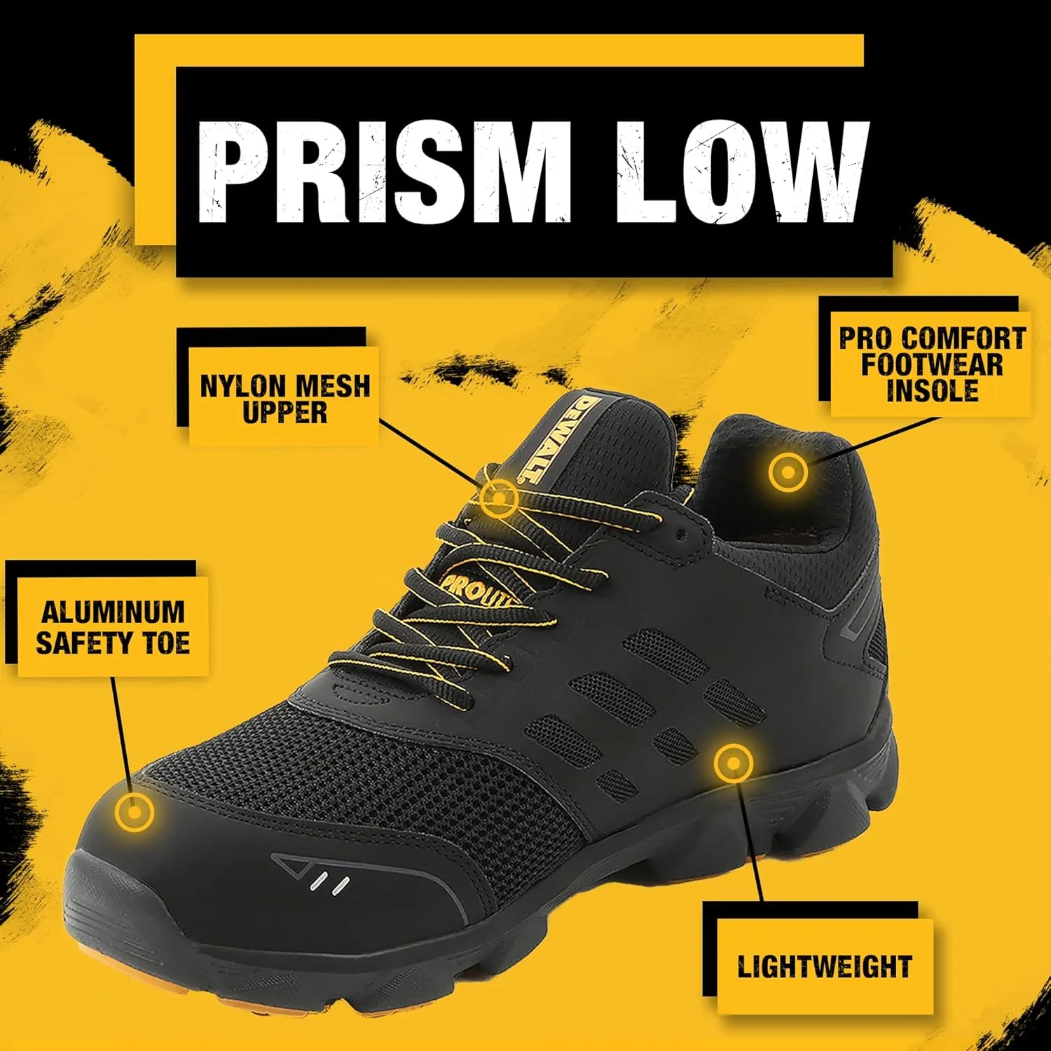 DEWALT Prism Low Men's Lightweight, Nylon Mesh, Prolite, Aluminum Safety Toe Work Shoes, Black, 11.5