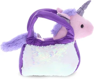 DolliBu Purple Unicorn Plush Reversible Sequin Pet Carrier Handbag, White Sparkle Soft Stuffed Animal Carrier Toy Purse for Little Girls, Girl's Pretend Play 9 Inch