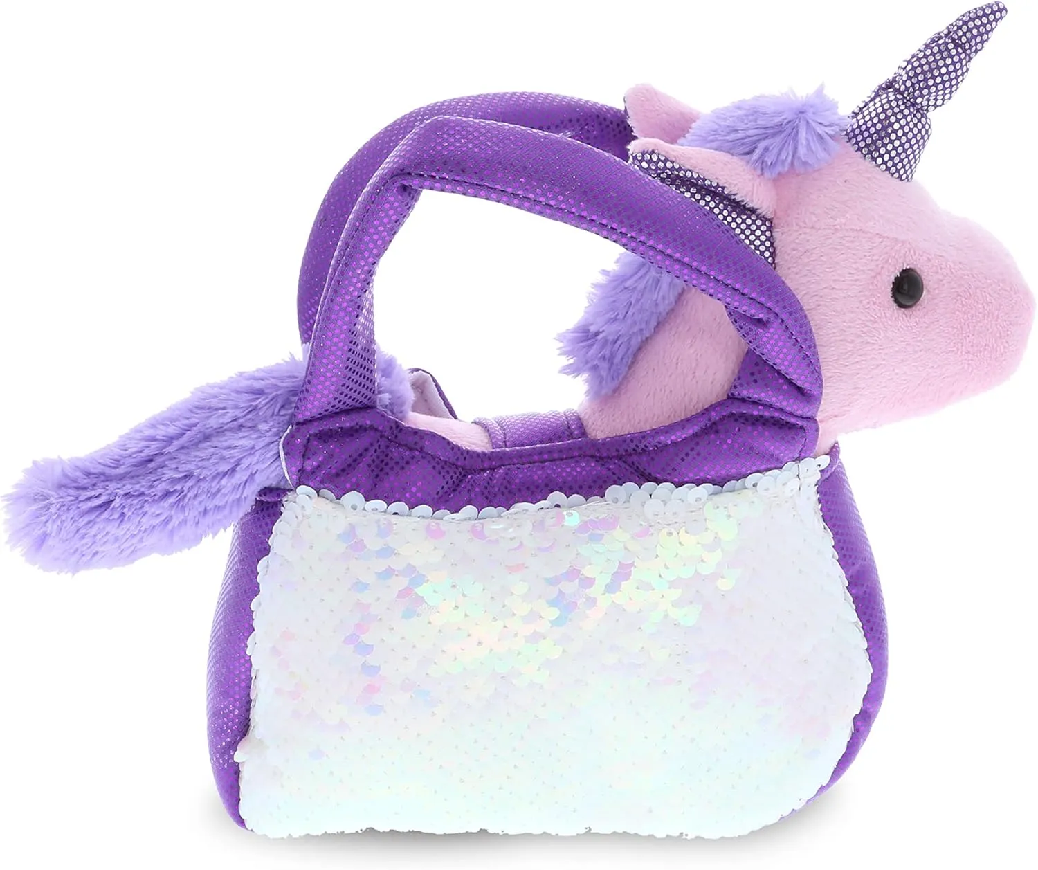 DolliBu Purple Unicorn Plush Reversible Sequin Pet Carrier Handbag, White Sparkle Soft Stuffed Animal Carrier Toy Purse for Little Girls, Girl's Pretend Play 9 Inch