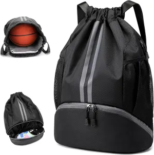 Drawstring Backpack Gymbag Water Resistant Sports Sackpack with Zipper/Shoe Compartment/Wet Pocket/Mesh Pockets Gym Sack for Women Men Lightweight String Bag for Travel Soccer Swim, Black