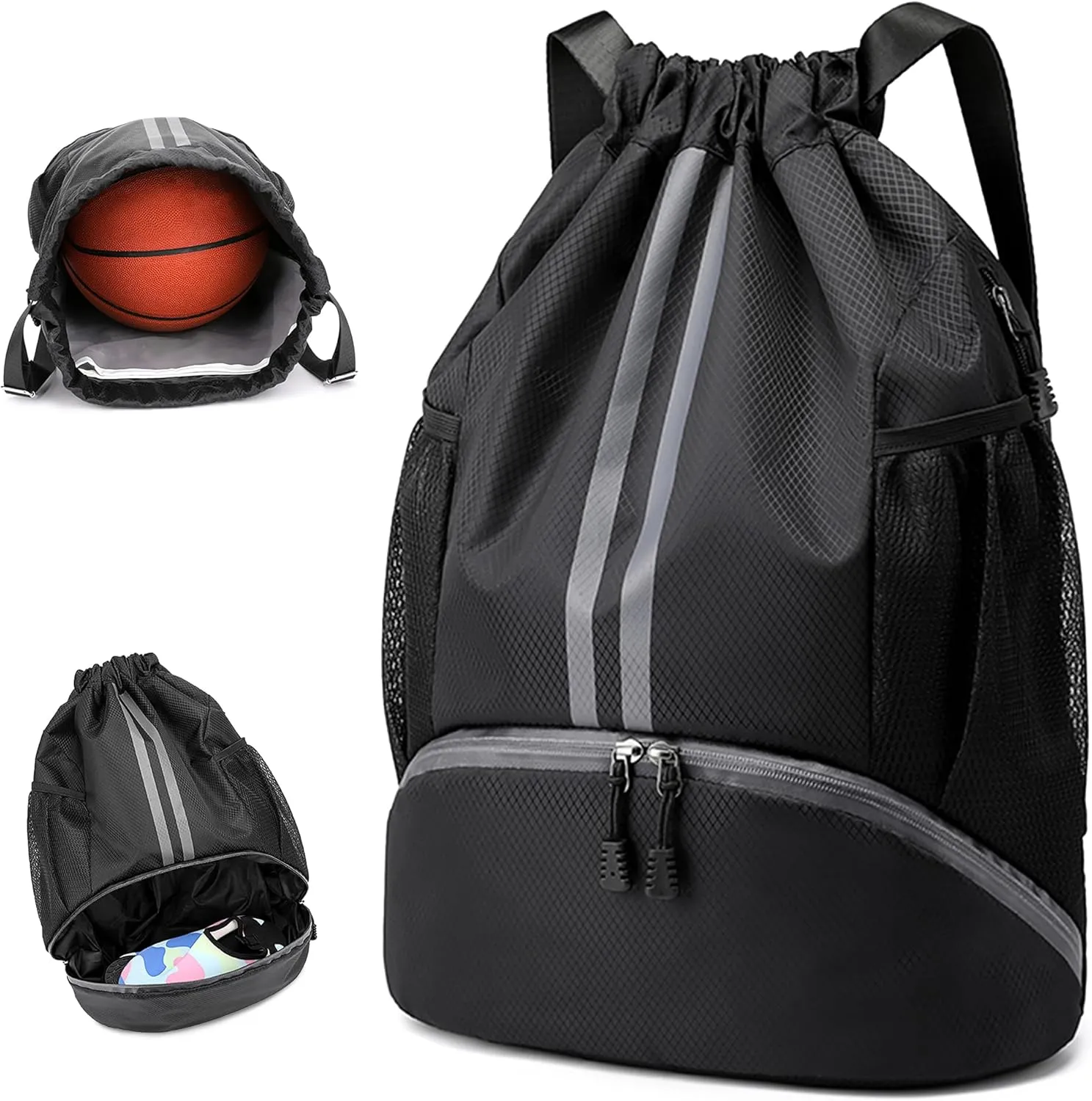 Drawstring Backpack Gymbag Water Resistant Sports Sackpack with Zipper/Shoe Compartment/Wet Pocket/Mesh Pockets Gym Sack for Women Men Lightweight String Bag for Travel Soccer Swim, Black