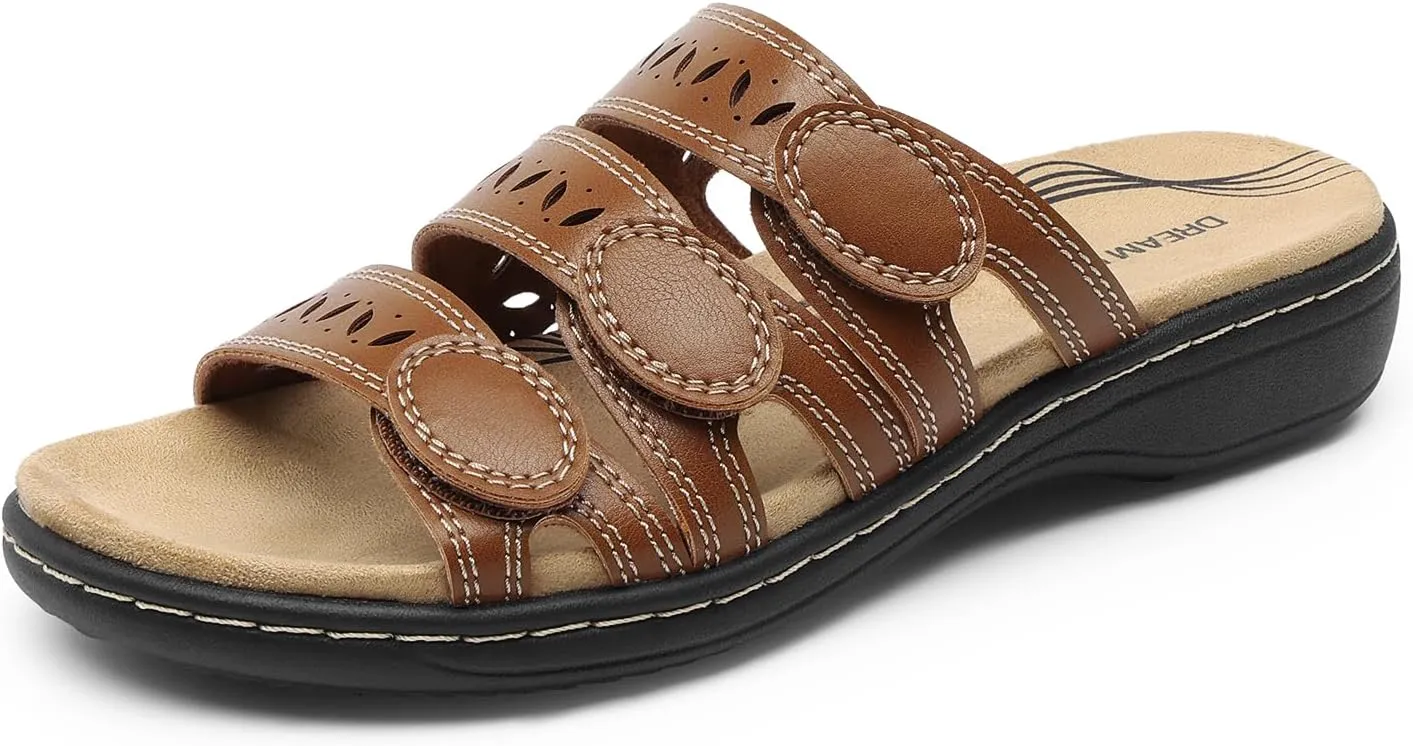 DREAM PAIRS Women's Slide Sandals Comfortable Arch Support Casual Walking Sandals Adjustable Straps Slip On Low Wedge Flat Sandals