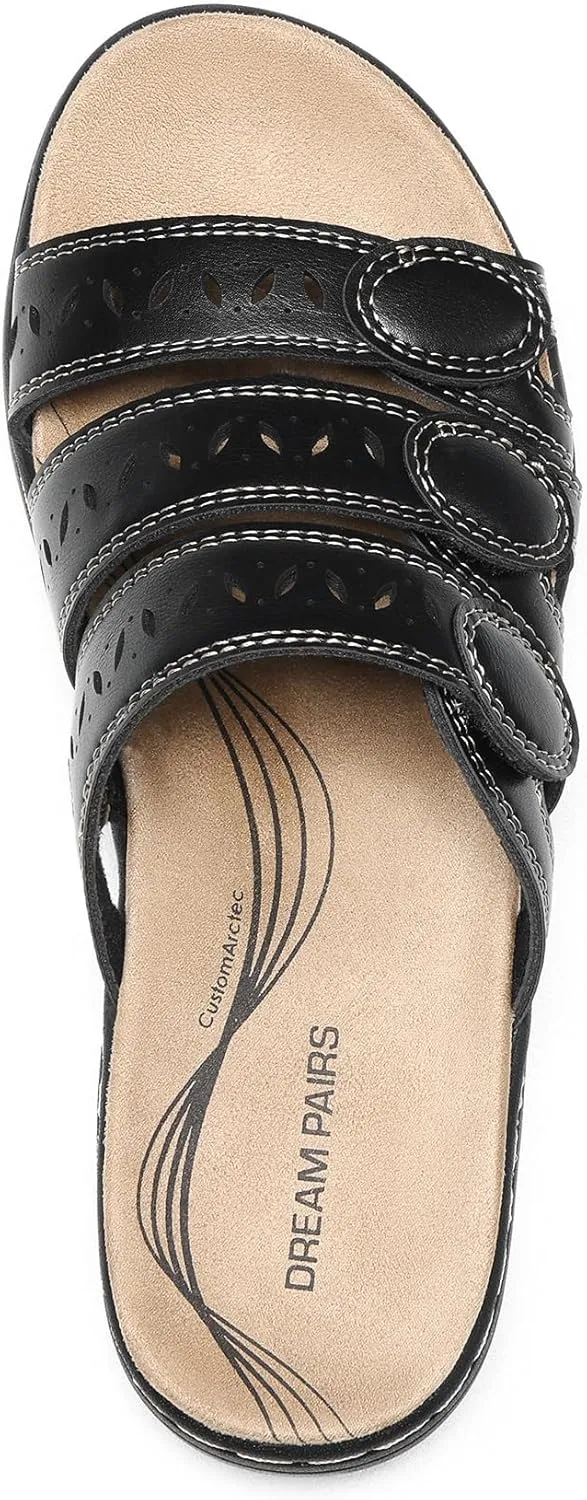 DREAM PAIRS Women's Slide Sandals Comfortable Arch Support Casual Walking Sandals Adjustable Straps Slip On Low Wedge Flat Sandals