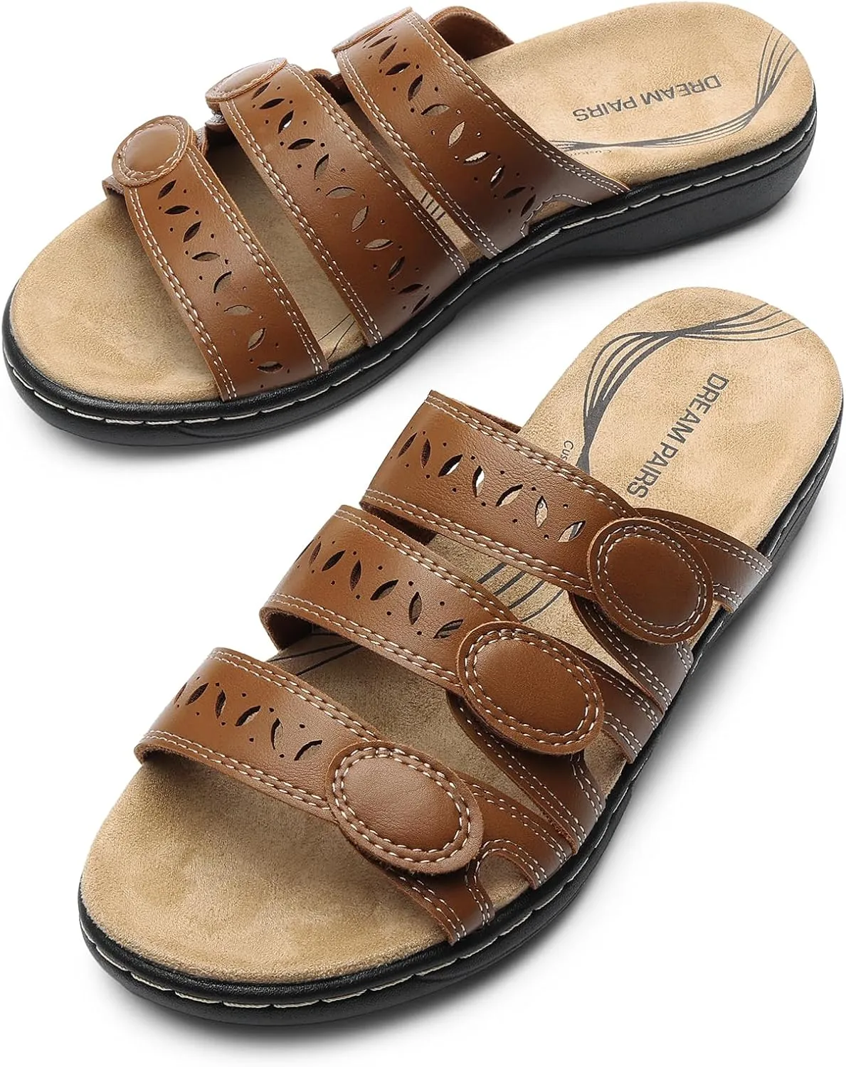 DREAM PAIRS Women's Slide Sandals Comfortable Arch Support Casual Walking Sandals Adjustable Straps Slip On Low Wedge Flat Sandals