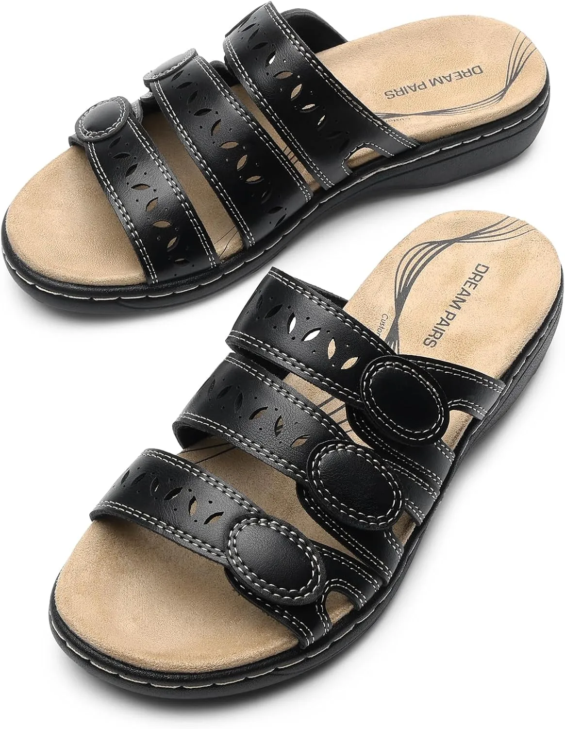 DREAM PAIRS Women's Slide Sandals Comfortable Arch Support Casual Walking Sandals Adjustable Straps Slip On Low Wedge Flat Sandals