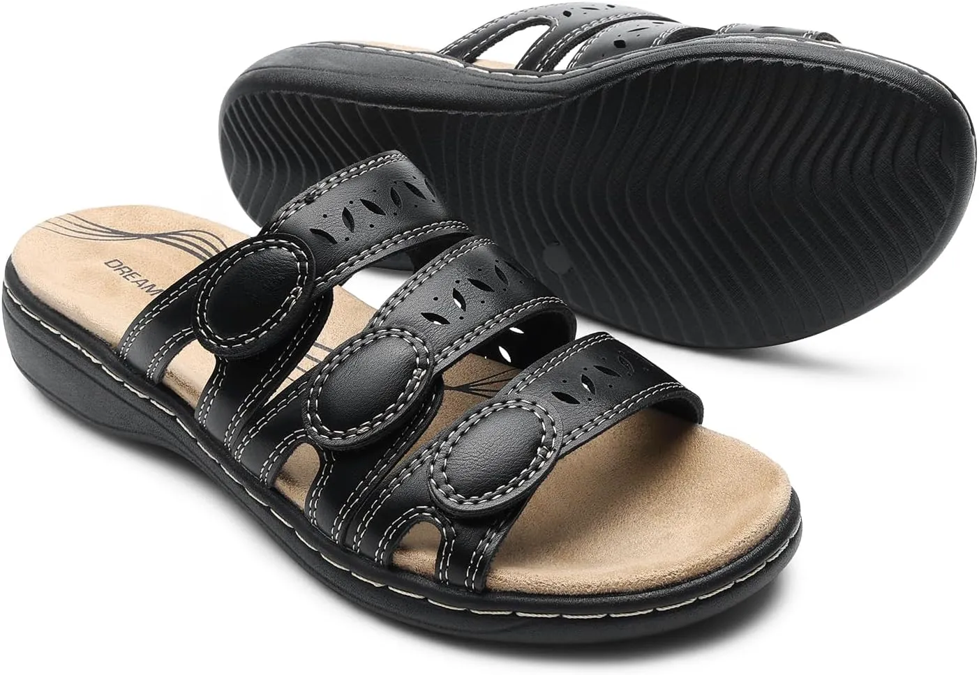 DREAM PAIRS Women's Slide Sandals Comfortable Arch Support Casual Walking Sandals Adjustable Straps Slip On Low Wedge Flat Sandals