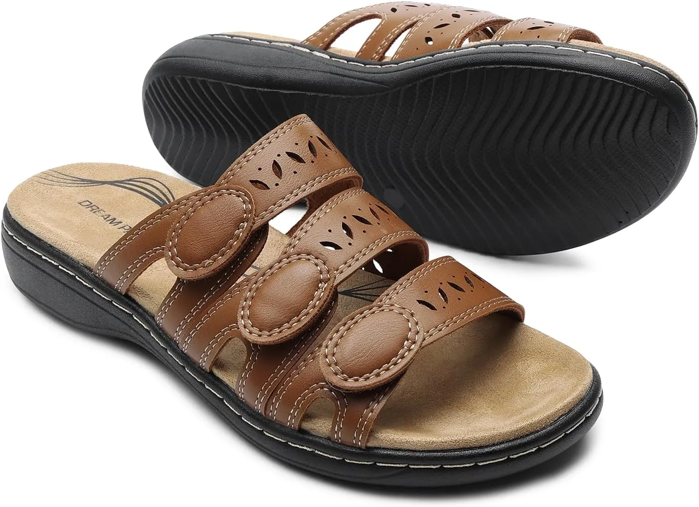 DREAM PAIRS Women's Slide Sandals Comfortable Arch Support Casual Walking Sandals Adjustable Straps Slip On Low Wedge Flat Sandals