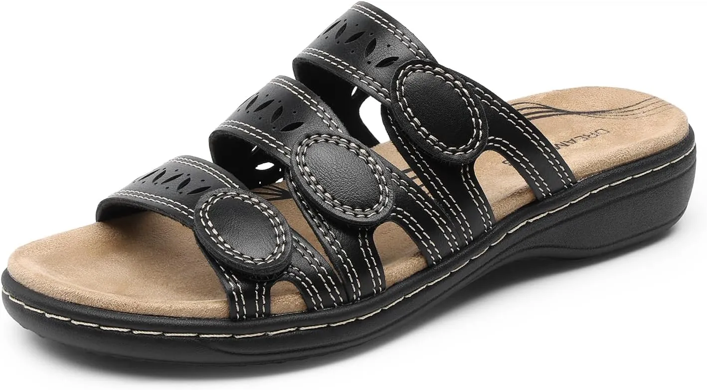 DREAM PAIRS Women's Slide Sandals Comfortable Arch Support Casual Walking Sandals Adjustable Straps Slip On Low Wedge Flat Sandals