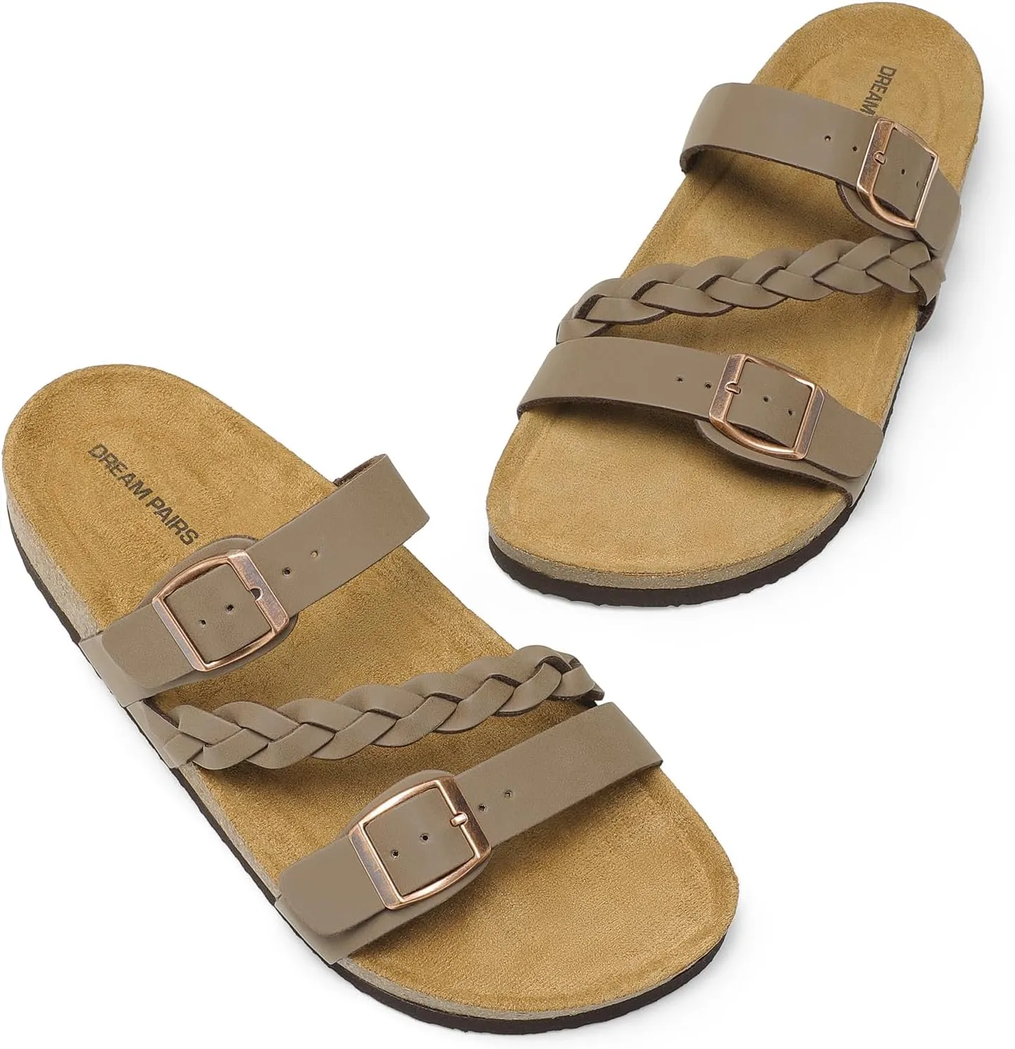 DREAM PAIRS Women's Slides Soft Cork Footbed Sandals Comfortable Walking Slip-on Flat Sandals Arch Support Adjustable Buckle Braided Straps Slippers