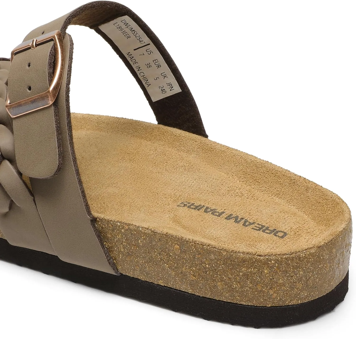 DREAM PAIRS Women's Slides Soft Cork Footbed Sandals Comfortable Walking Slip-on Flat Sandals Arch Support Adjustable Buckle Braided Straps Slippers
