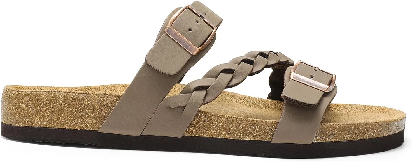 DREAM PAIRS Women's Slides Soft Cork Footbed Sandals Comfortable Walking Slip-on Flat Sandals Arch Support Adjustable Buckle Braided Straps Slippers