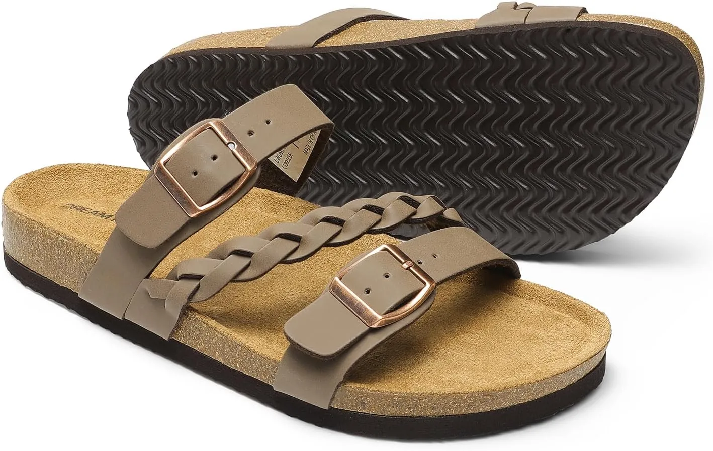 DREAM PAIRS Women's Slides Soft Cork Footbed Sandals Comfortable Walking Slip-on Flat Sandals Arch Support Adjustable Buckle Braided Straps Slippers