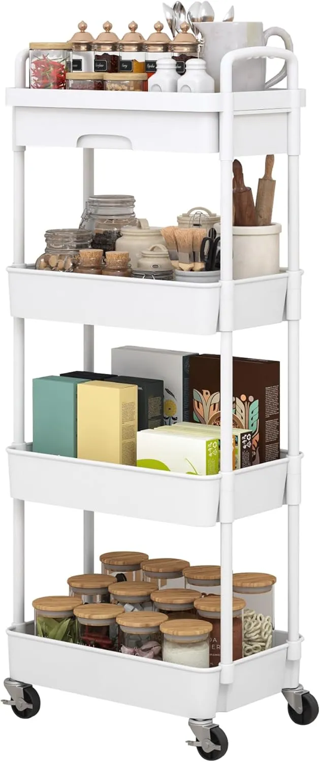 Dttwacoyh 4-Tier Rolling Cart，Trolley with Drawer, Kitchen Storage Organizer with Plastic Shelf & Metal Wheels, Storage Cart for Living Room, Kitchen, Office, Bathroom, White