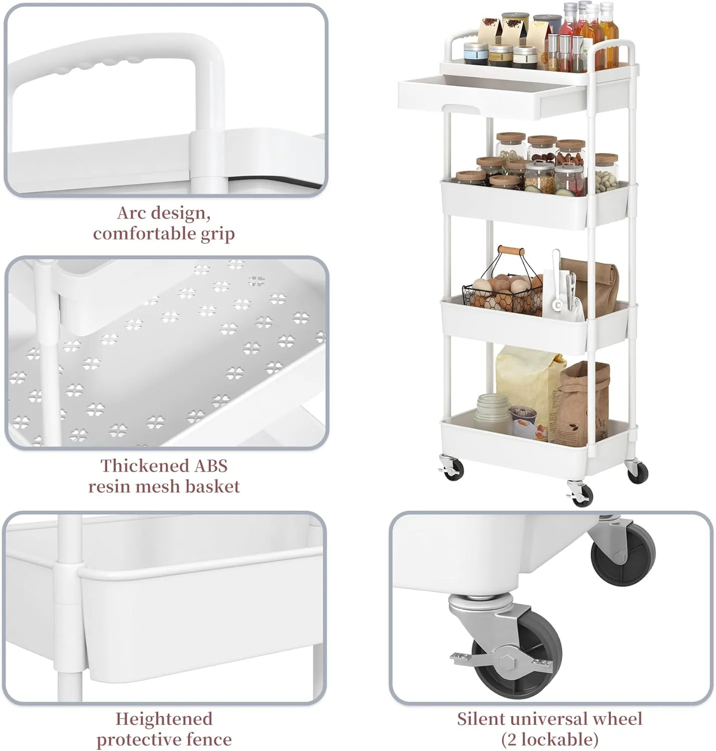 Dttwacoyh 4-Tier Rolling Cart，Trolley with Drawer, Kitchen Storage Organizer with Plastic Shelf & Metal Wheels, Storage Cart for Living Room, Kitchen, Office, Bathroom, White