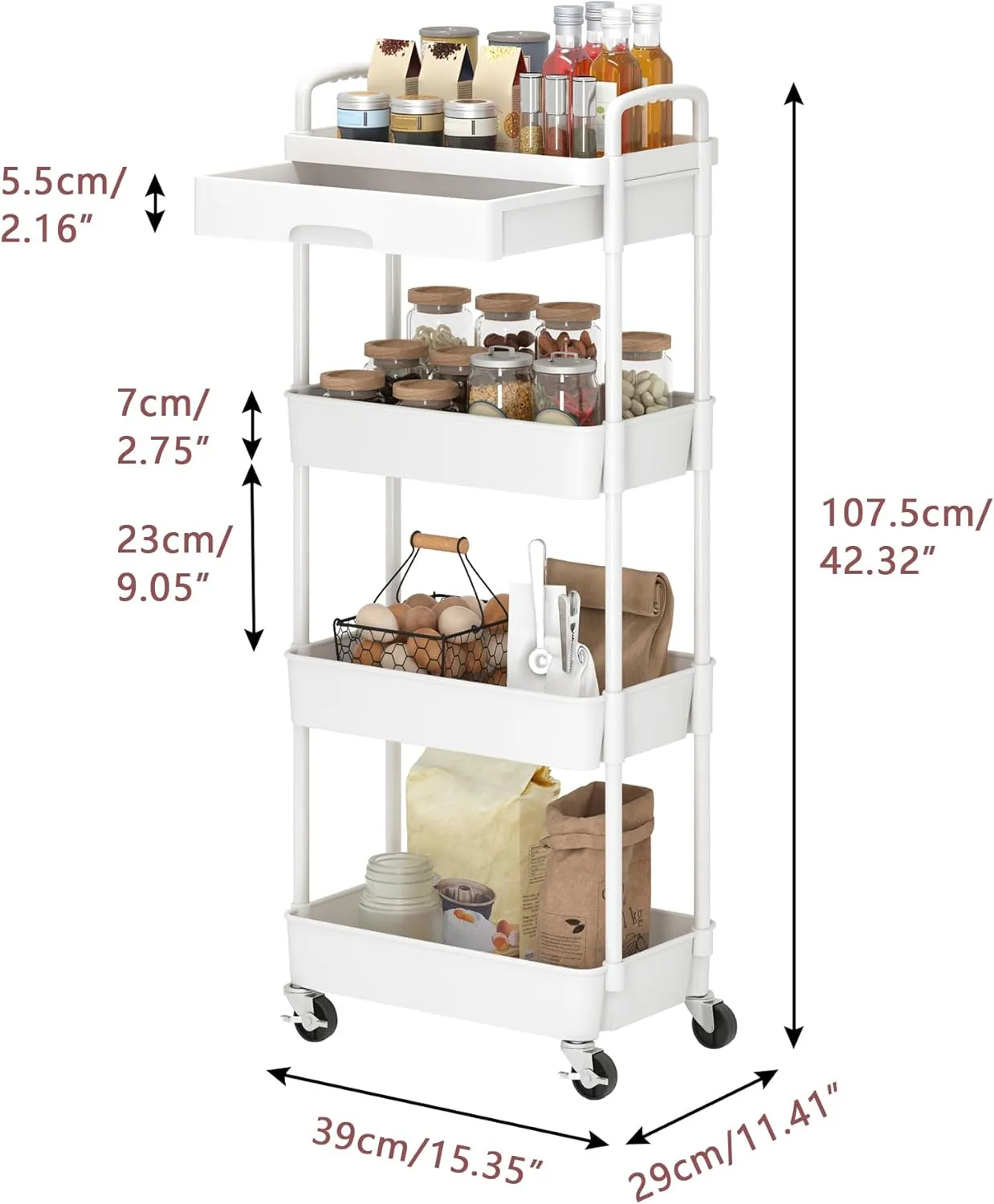 Dttwacoyh 4-Tier Rolling Cart，Trolley with Drawer, Kitchen Storage Organizer with Plastic Shelf & Metal Wheels, Storage Cart for Living Room, Kitchen, Office, Bathroom, White