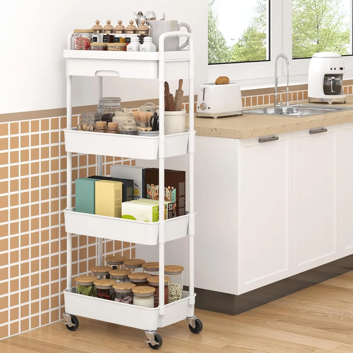 Dttwacoyh 4-Tier Rolling Cart，Trolley with Drawer, Kitchen Storage Organizer with Plastic Shelf & Metal Wheels, Storage Cart for Living Room, Kitchen, Office, Bathroom, White