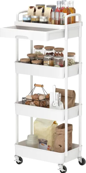 Dttwacoyh 4-Tier Rolling Cart，Trolley with Drawer, Kitchen Storage Organizer with Plastic Shelf & Metal Wheels, Storage Cart for Living Room, Kitchen, Office, Bathroom, White