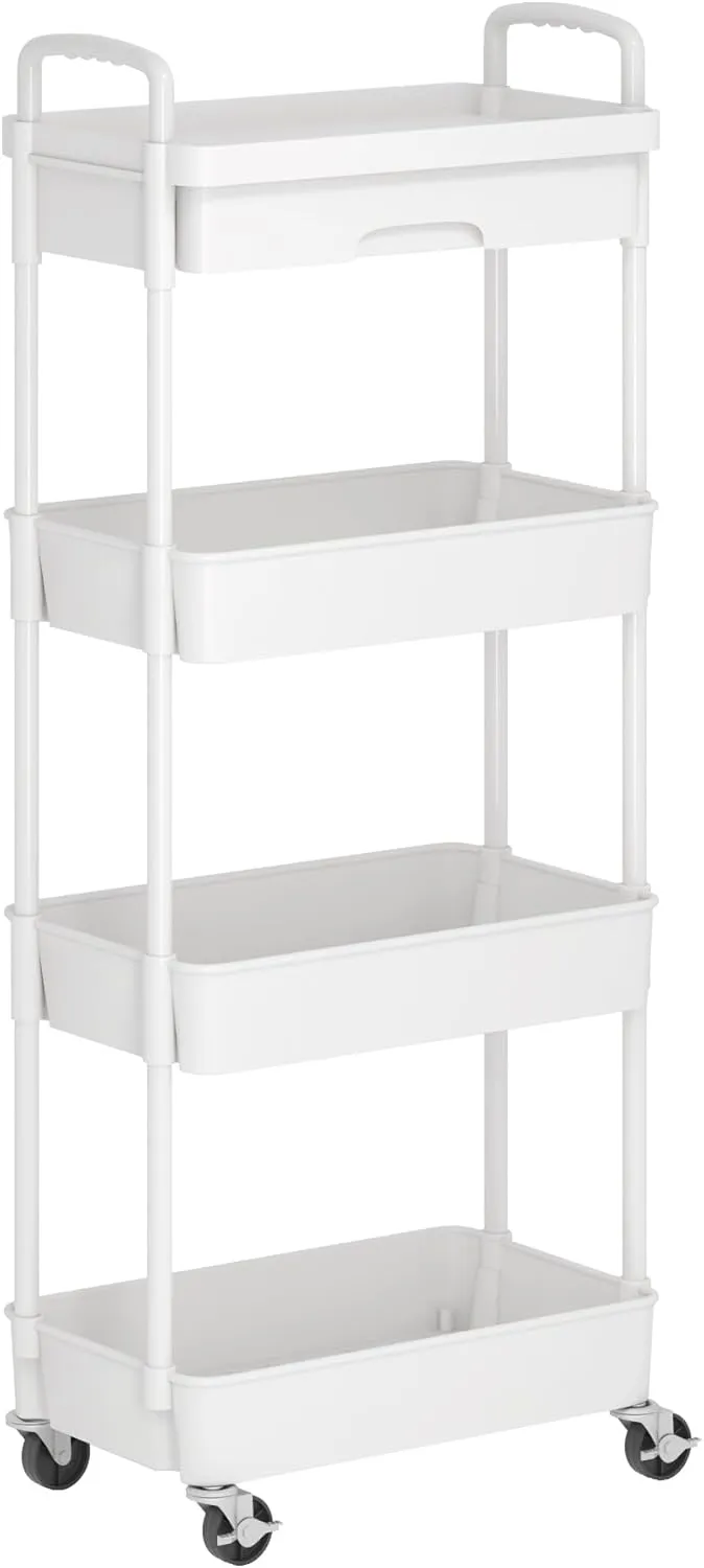 Dttwacoyh 4-Tier Rolling Cart，Trolley with Drawer, Kitchen Storage Organizer with Plastic Shelf & Metal Wheels, Storage Cart for Living Room, Kitchen, Office, Bathroom, White