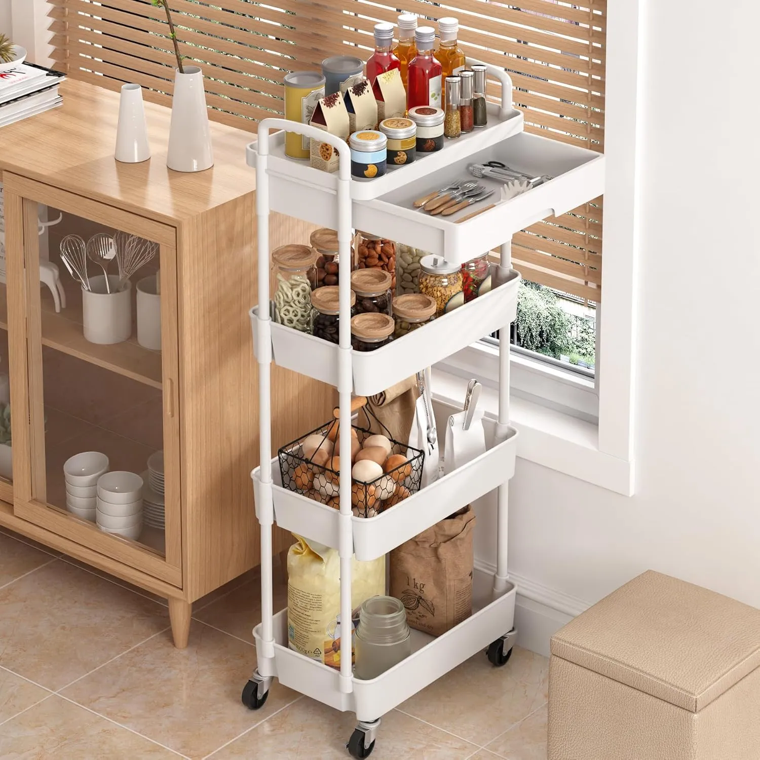Dttwacoyh 4-Tier Rolling Cart，Trolley with Drawer, Kitchen Storage Organizer with Plastic Shelf & Metal Wheels, Storage Cart for Living Room, Kitchen, Office, Bathroom, White