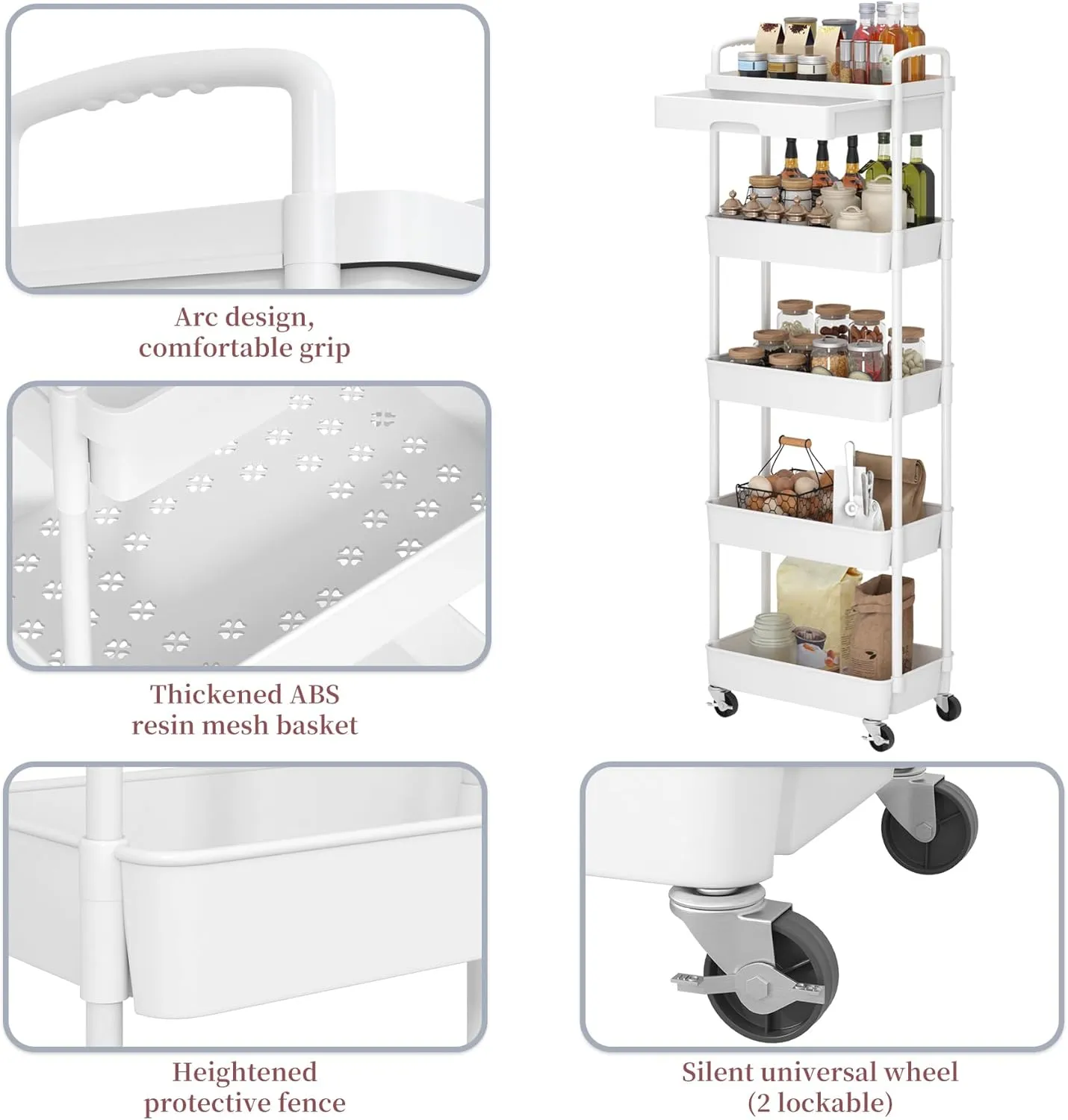Dttwacoyh 5-Tier Rolling Utility Cart，Trolley with Drawer, Multifunctional Storage Organizer with Plastic Shelf & Metal Wheels, Storage Cart for Living Room, Kitchen, Office, Bathroom, White