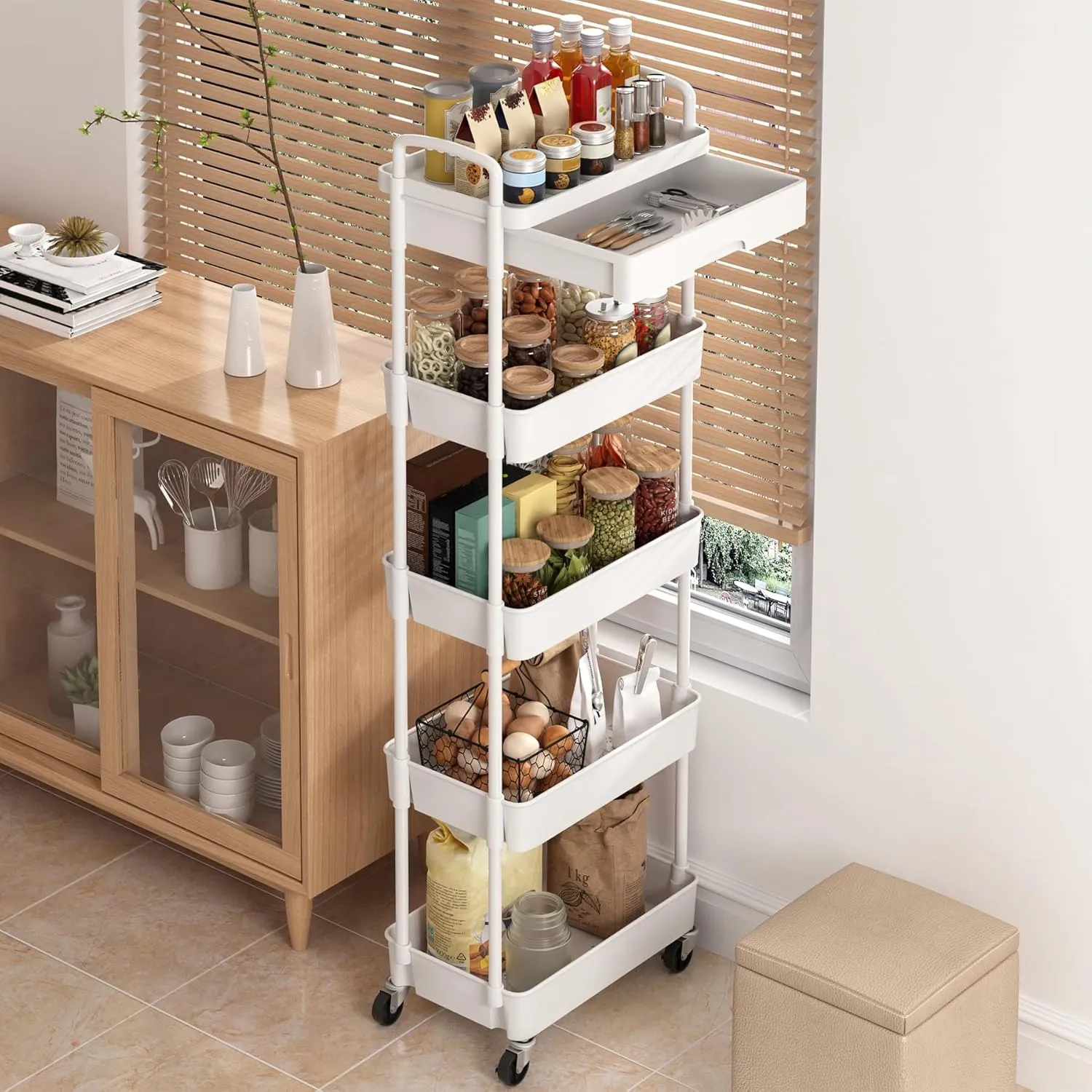Dttwacoyh 5-Tier Rolling Utility Cart，Trolley with Drawer, Multifunctional Storage Organizer with Plastic Shelf & Metal Wheels, Storage Cart for Living Room, Kitchen, Office, Bathroom, White