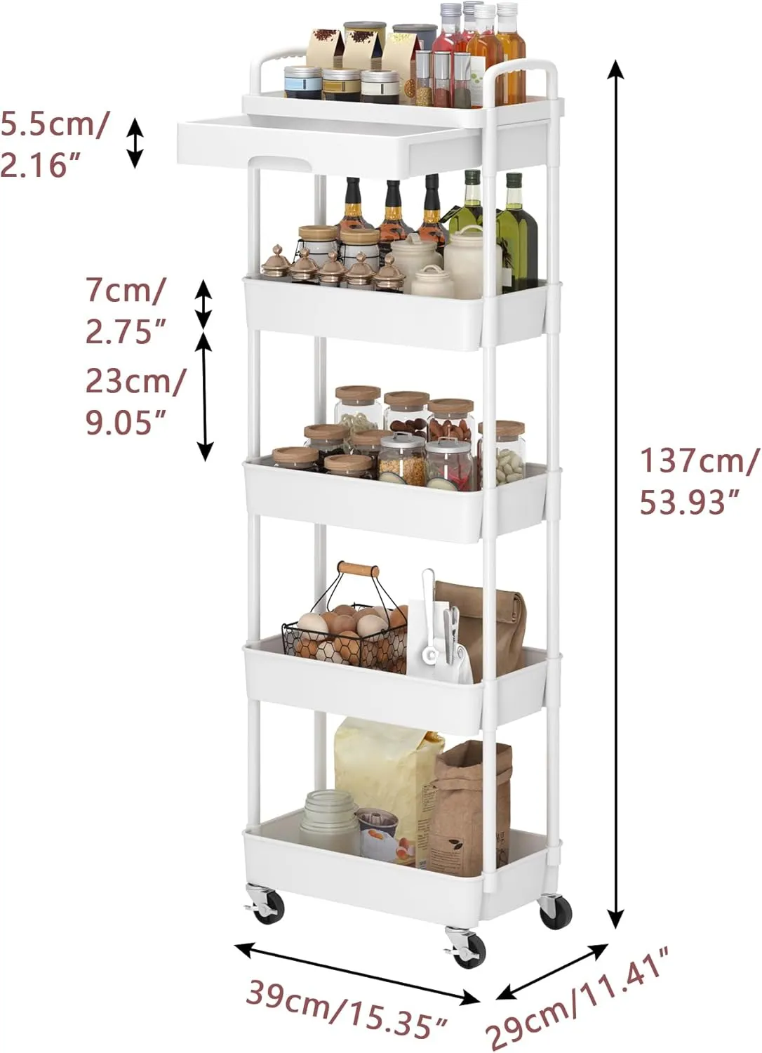 Dttwacoyh 5-Tier Rolling Utility Cart，Trolley with Drawer, Multifunctional Storage Organizer with Plastic Shelf & Metal Wheels, Storage Cart for Living Room, Kitchen, Office, Bathroom, White