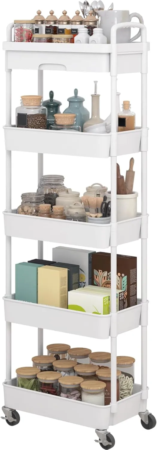 Dttwacoyh 5-Tier Rolling Utility Cart，Trolley with Drawer, Multifunctional Storage Organizer with Plastic Shelf & Metal Wheels, Storage Cart for Living Room, Kitchen, Office, Bathroom, White