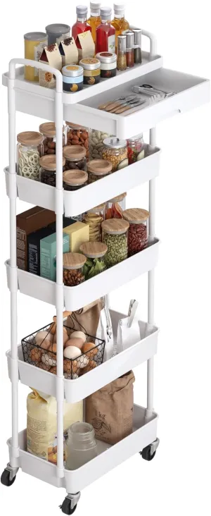 Dttwacoyh 5-Tier Rolling Utility Cart，Trolley with Drawer, Multifunctional Storage Organizer with Plastic Shelf & Metal Wheels, Storage Cart for Living Room, Kitchen, Office, Bathroom, White