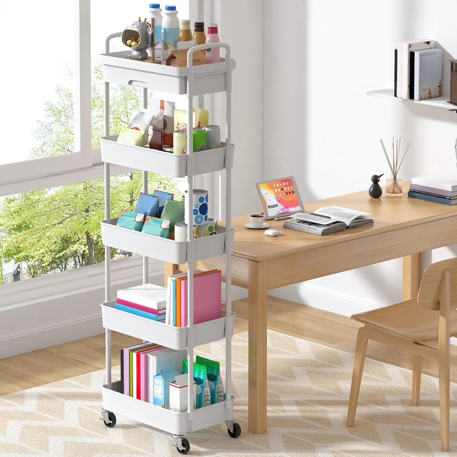 Dttwacoyh 5-Tier Rolling Utility Cart，Trolley with Drawer, Multifunctional Storage Organizer with Plastic Shelf & Metal Wheels, Storage Cart for Living Room, Kitchen, Office, Bathroom, White