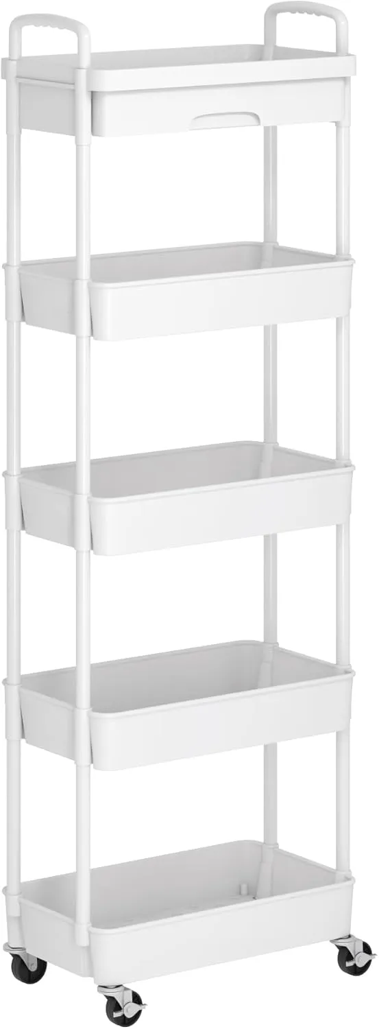 Dttwacoyh 5-Tier Rolling Utility Cart，Trolley with Drawer, Multifunctional Storage Organizer with Plastic Shelf & Metal Wheels, Storage Cart for Living Room, Kitchen, Office, Bathroom, White