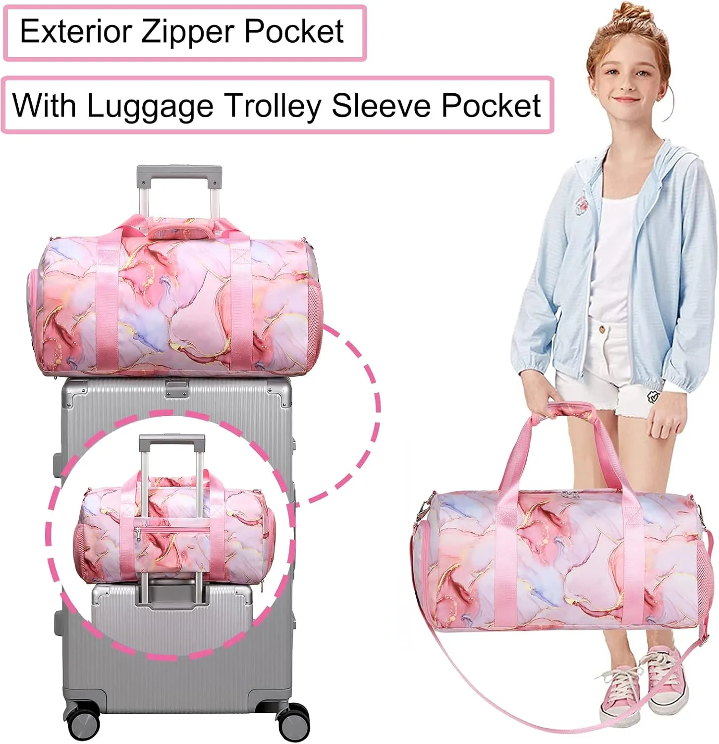 Duffle Bag for Girls Dance Ballet Travel Overnight Sports Gym Bag with Separate Dry Wet Pocket and Shoes Compartment