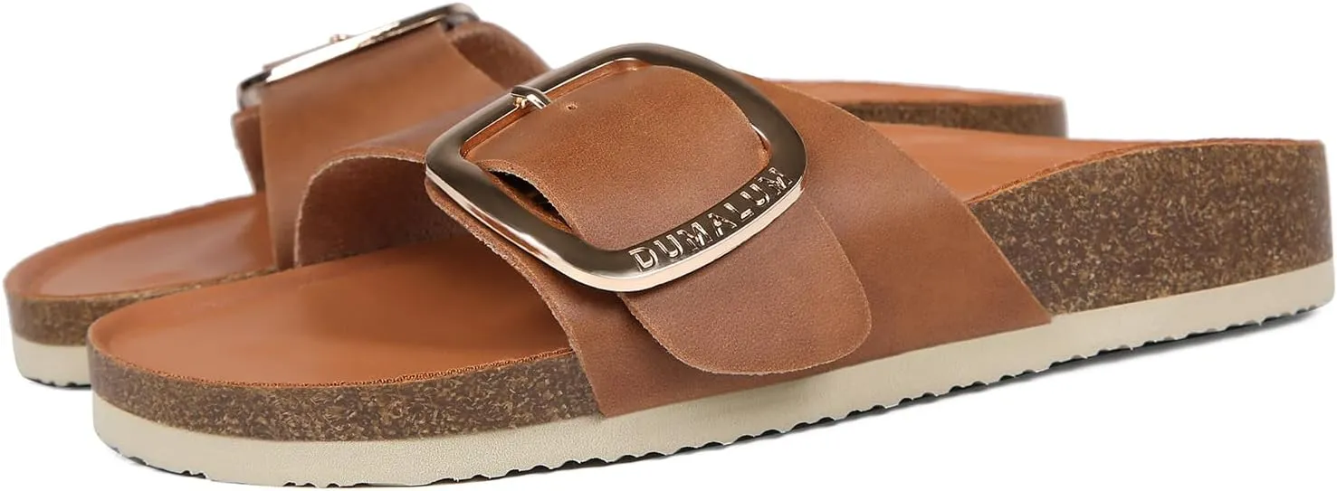 Dumalum Womens Slides Sandals Cork Footbed Flat Sandals Comfort Open Toe Buckle Flip Flops Slip On Home Slippers for Dressy Summer Beach Essentials