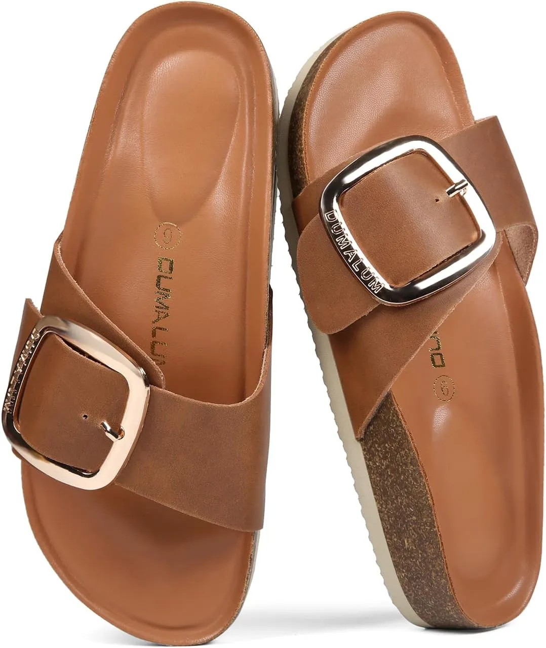 Dumalum Womens Slides Sandals Cork Footbed Flat Sandals Comfort Open Toe Buckle Flip Flops Slip On Home Slippers for Dressy Summer Beach Essentials