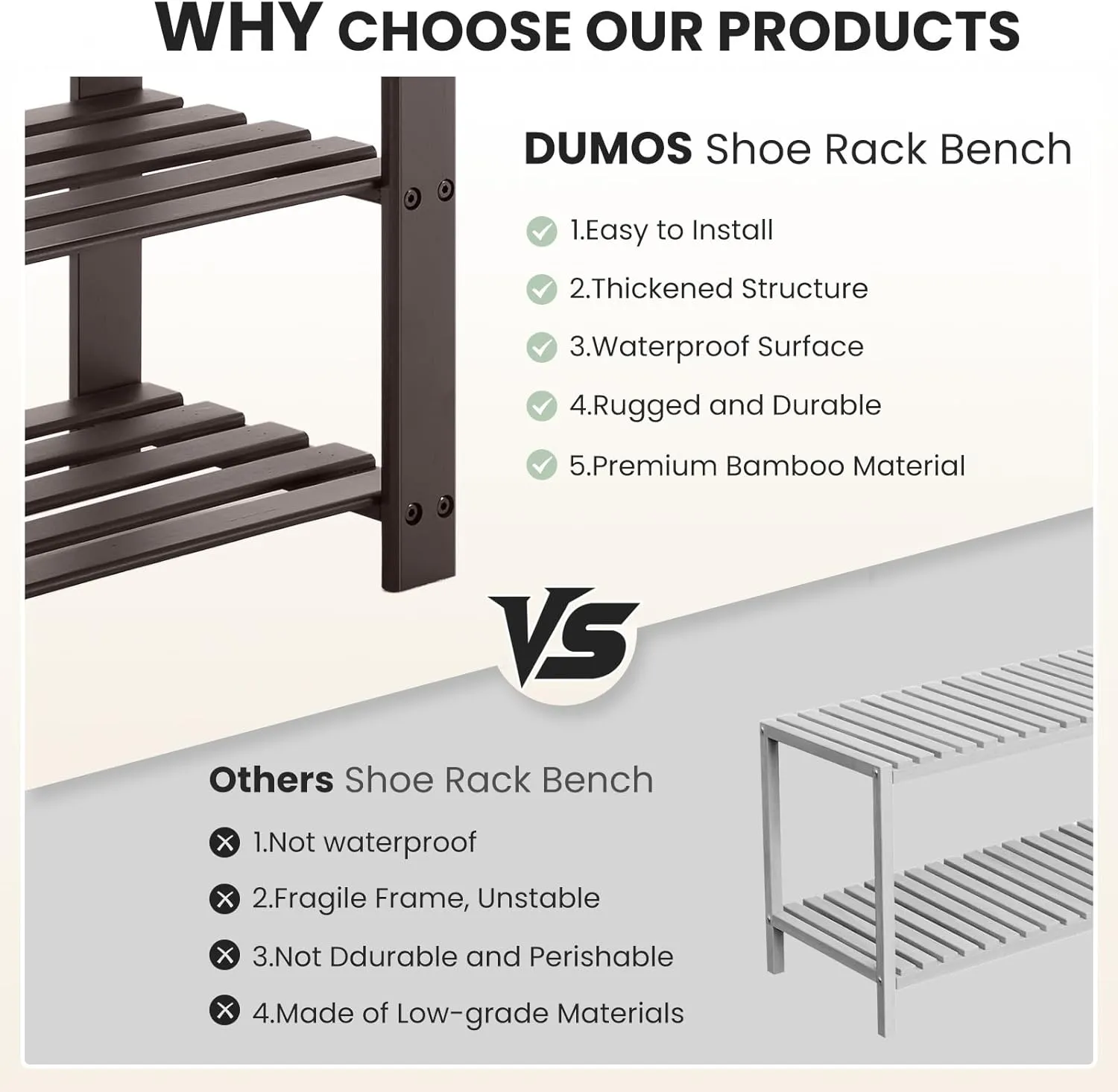 DUMOS Shoe Rack Bench, 3-Tier Bamboo Entryway Benches, Holds Up to 286 lb Storage Organizer, 11.3 x 27.6 x 17.8 Inches, Suitable for Bedroom Living Room Balcony, Brown