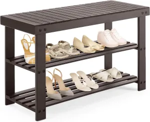 DUMOS Shoe Rack Bench, 3-Tier Bamboo Entryway Benches, Holds Up to 286 lb Storage Organizer, 11.3 x 27.6 x 17.8 Inches, Suitable for Bedroom Living Room Balcony, Brown