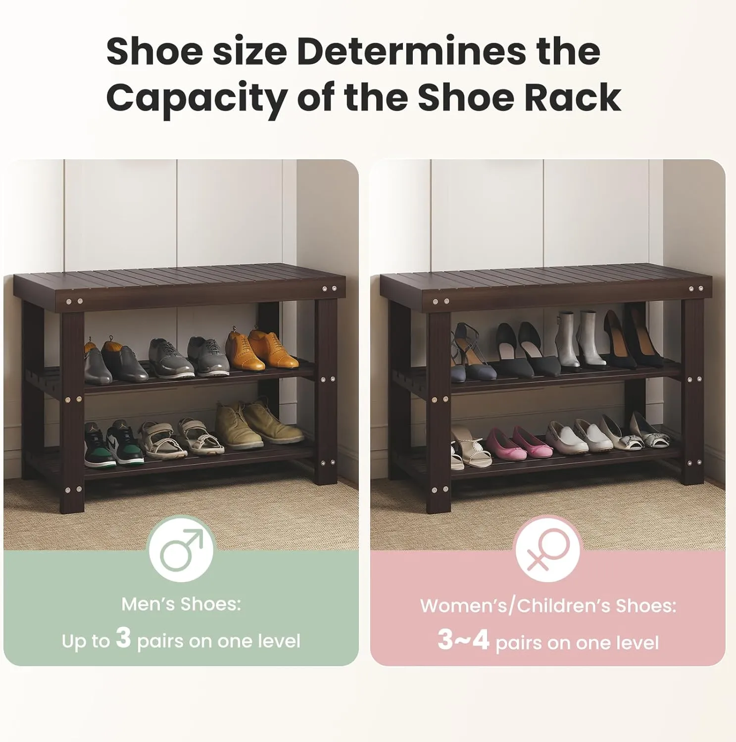 DUMOS Shoe Rack Bench, 3-Tier Bamboo Entryway Benches, Holds Up to 286 lb Storage Organizer, 11.3 x 27.6 x 17.8 Inches, Suitable for Bedroom Living Room Balcony, Brown